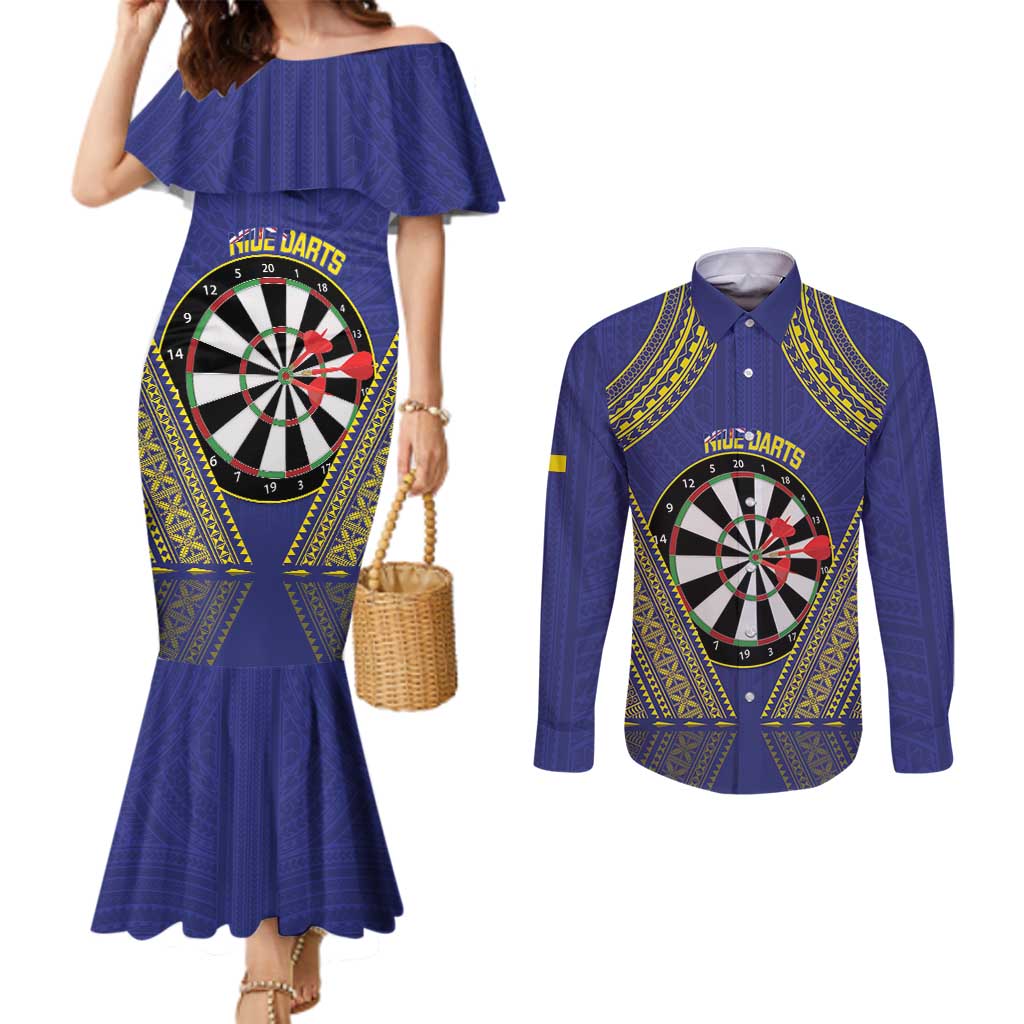 Personalised Niue Darts Couples Matching Mermaid Dress and Long Sleeve Button Shirt Dart Board Hiapo Pattern LT14 Blue - Polynesian Pride
