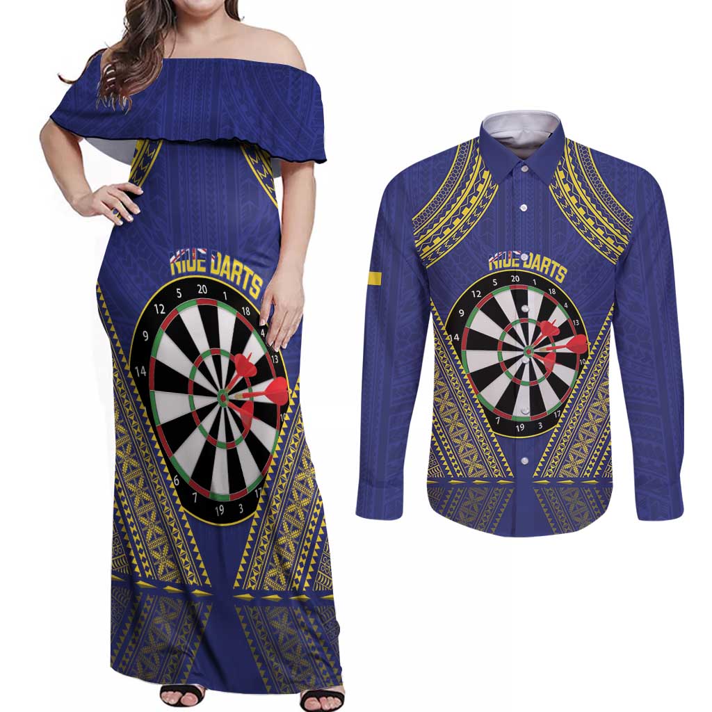 Personalised Niue Darts Couples Matching Off Shoulder Maxi Dress and Long Sleeve Button Shirt Dart Board Hiapo Pattern LT14 Blue - Polynesian Pride