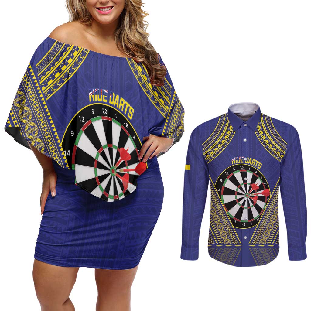 Personalised Niue Darts Couples Matching Off Shoulder Short Dress and Long Sleeve Button Shirt Dart Board Hiapo Pattern LT14 Blue - Polynesian Pride