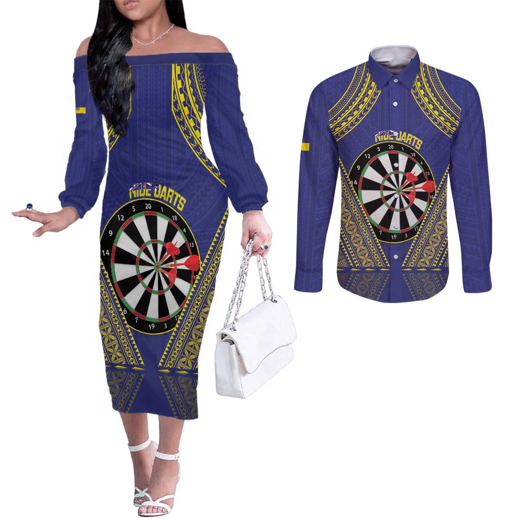Personalised Niue Darts Couples Matching Off The Shoulder Long Sleeve Dress and Long Sleeve Button Shirt Dart Board Hiapo Pattern LT14 Blue - Polynesian Pride