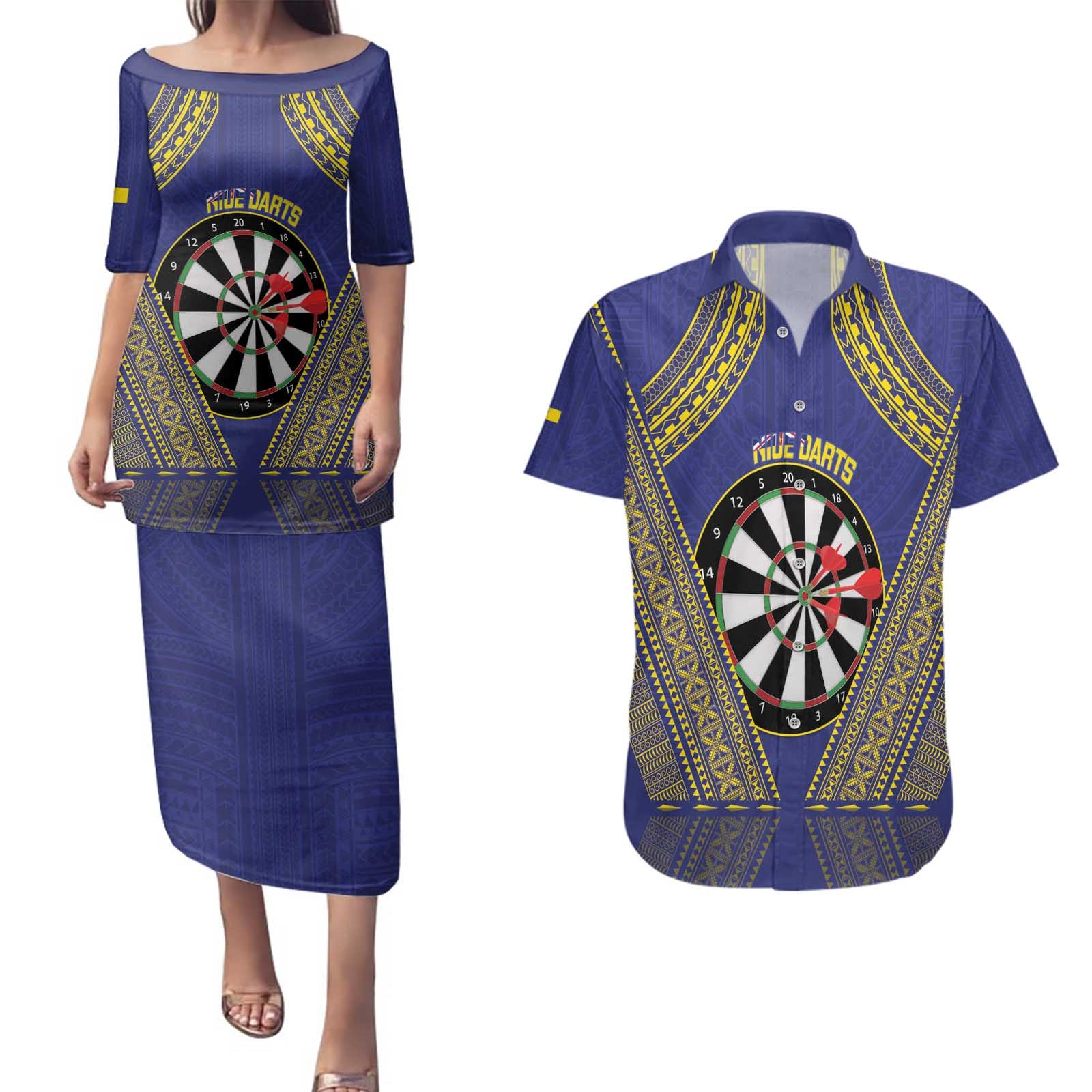 Personalised Niue Darts Couples Matching Puletasi and Hawaiian Shirt Dart Board Hiapo Pattern LT14 Blue - Polynesian Pride