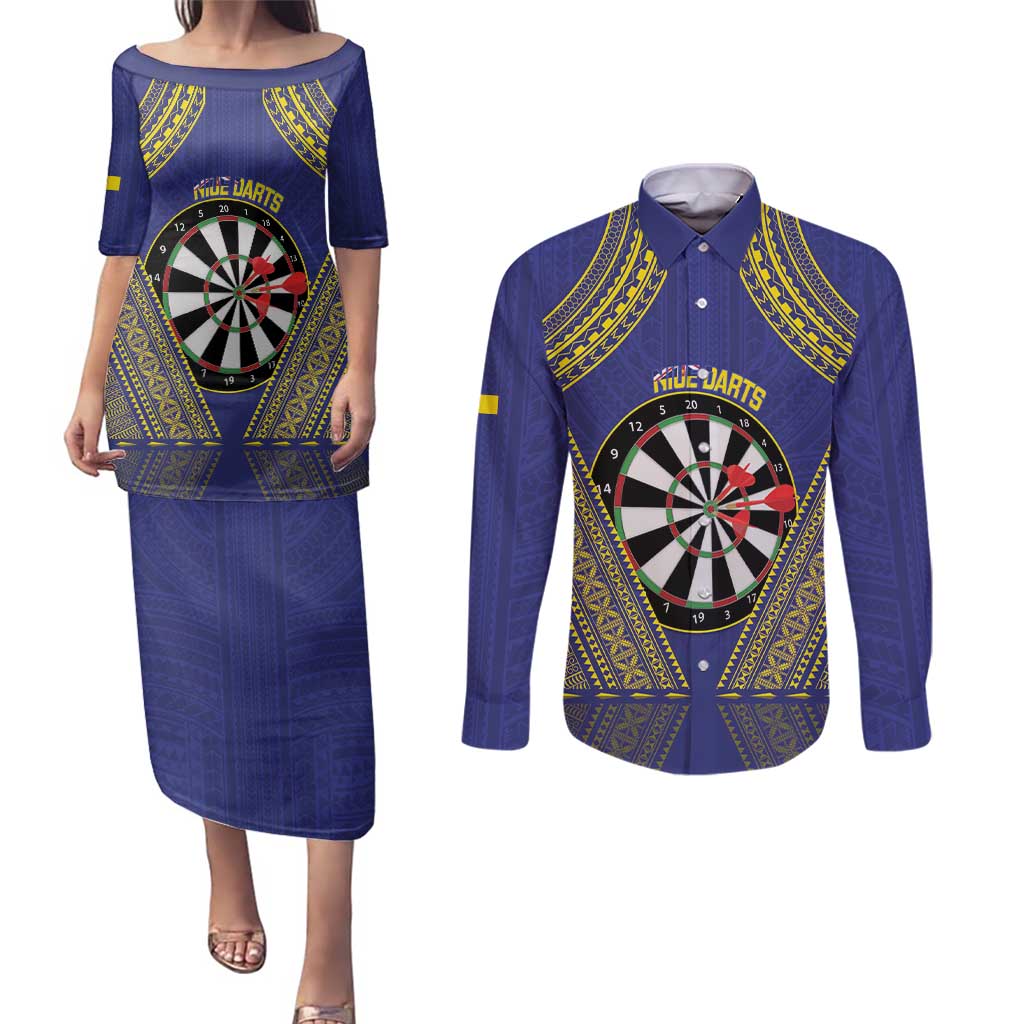 Personalised Niue Darts Couples Matching Puletasi and Long Sleeve Button Shirt Dart Board Hiapo Pattern LT14 Blue - Polynesian Pride