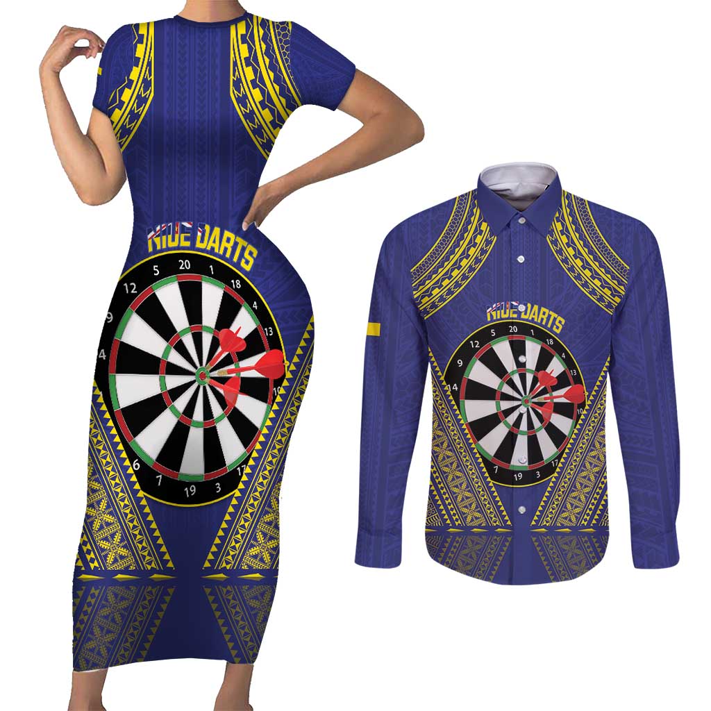 Personalised Niue Darts Couples Matching Short Sleeve Bodycon Dress and Long Sleeve Button Shirt Dart Board Hiapo Pattern LT14 Blue - Polynesian Pride