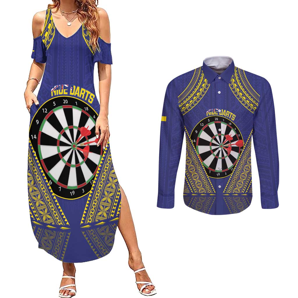 Personalised Niue Darts Couples Matching Summer Maxi Dress and Long Sleeve Button Shirt Dart Board Hiapo Pattern LT14 Blue - Polynesian Pride