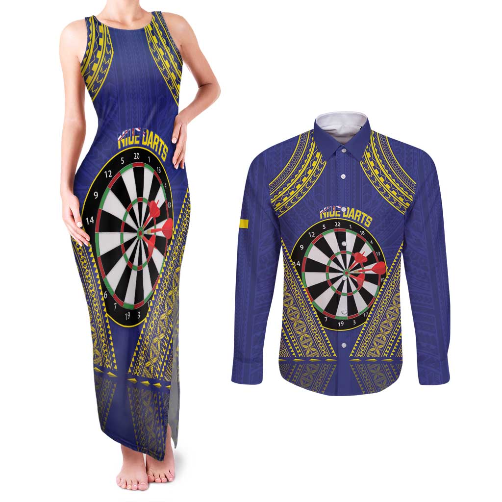Personalised Niue Darts Couples Matching Tank Maxi Dress and Long Sleeve Button Shirt Dart Board Hiapo Pattern - Polynesian Pride