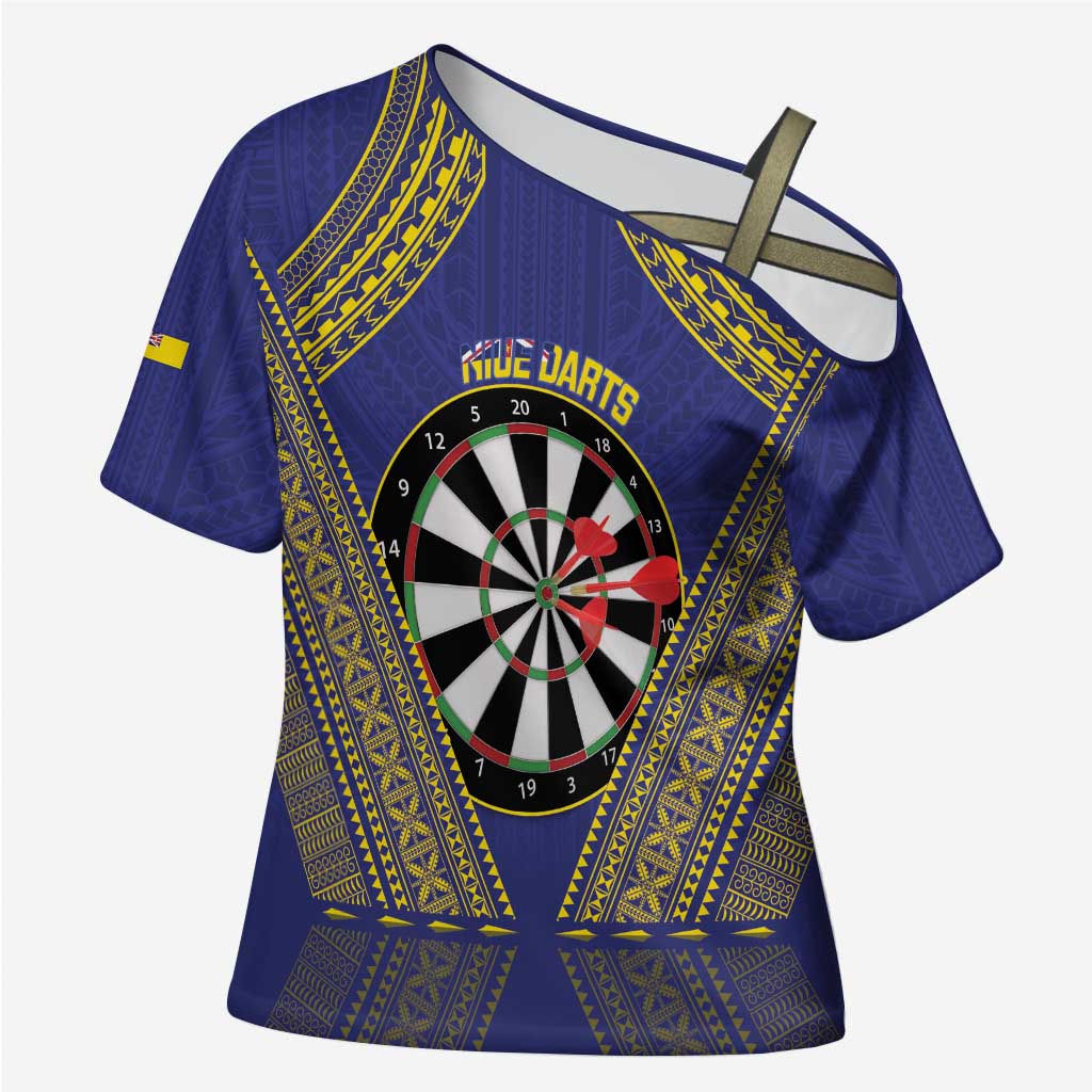 Personalised Niue Darts Cross Shoulder Shirt Dart Board Hiapo Pattern LT14 Female Blue - Polynesian Pride