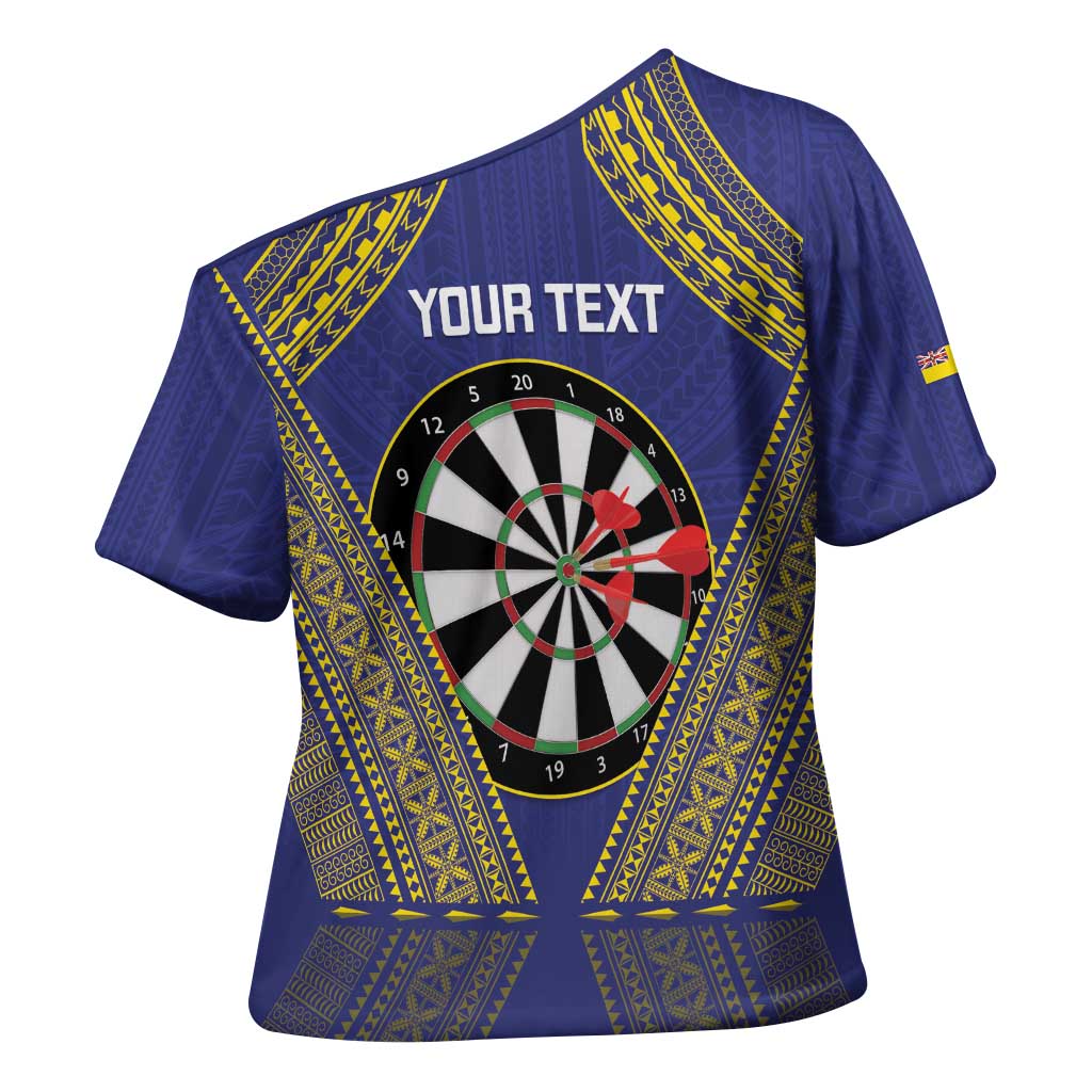 Personalised Niue Darts Cross Shoulder Shirt Dart Board Hiapo Pattern - Polynesian Pride
