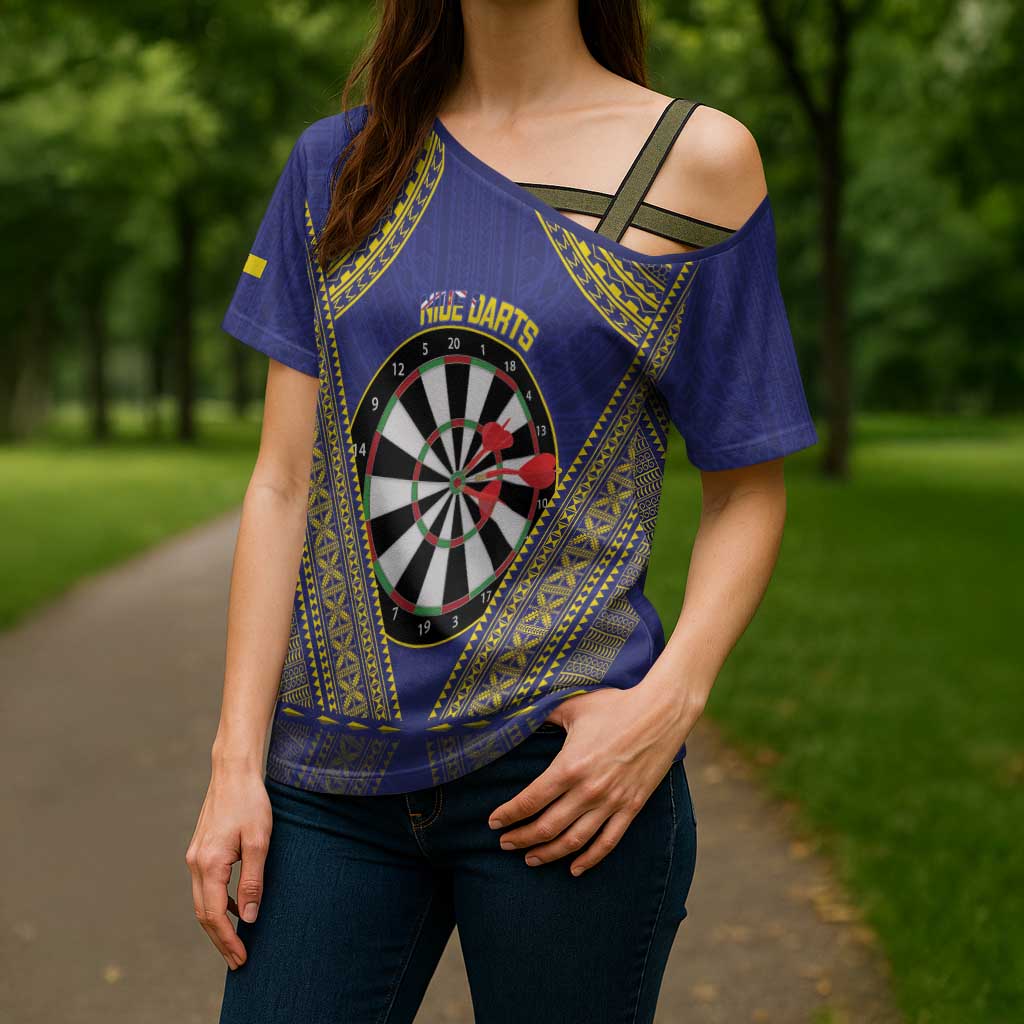 Personalised Niue Darts Cross Shoulder Shirt Dart Board Hiapo Pattern - Polynesian Pride
