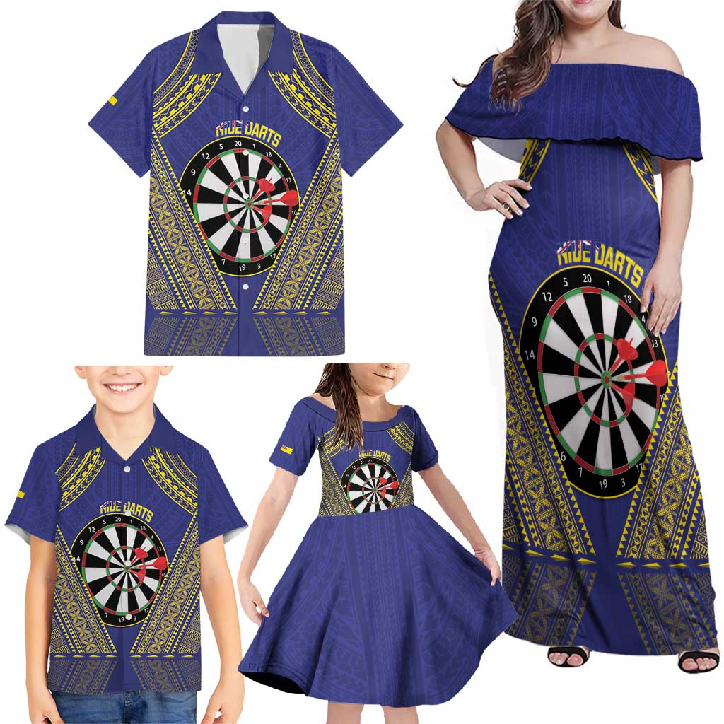 Personalised Niue Darts Family Matching Off Shoulder Maxi Dress and Hawaiian Shirt Dart Board Hiapo Pattern - Polynesian Pride
