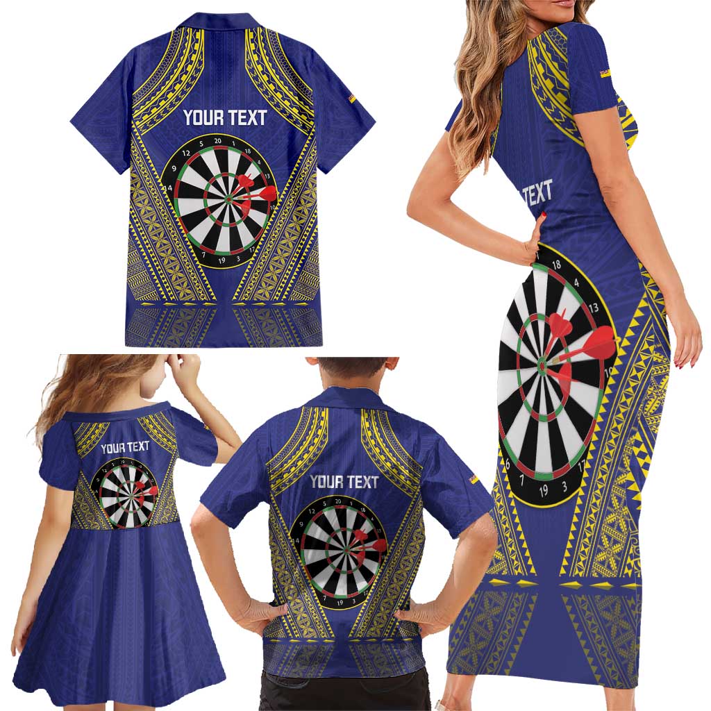 Personalised Niue Darts Family Matching Short Sleeve Bodycon Dress and Hawaiian Shirt Dart Board Hiapo Pattern - Polynesian Pride