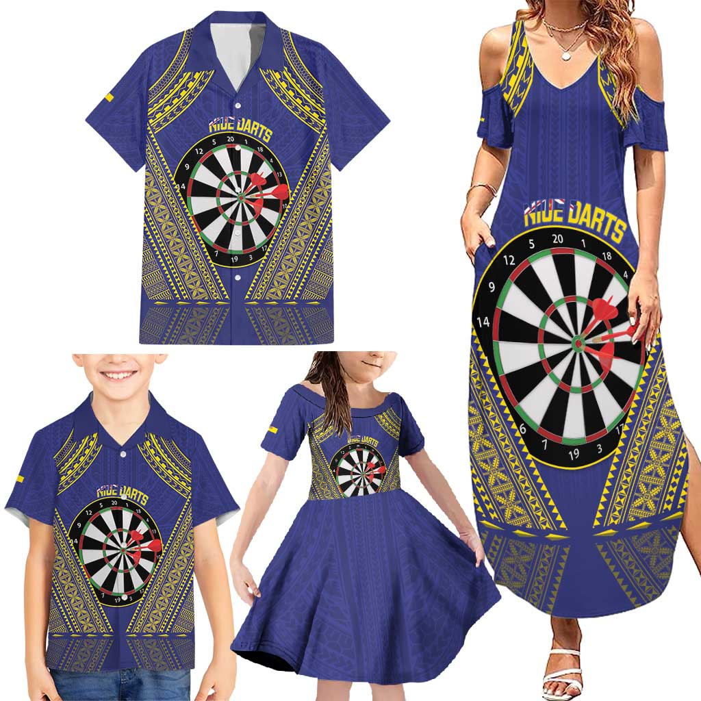 Personalised Niue Darts Family Matching Summer Maxi Dress and Hawaiian Shirt Dart Board Hiapo Pattern - Polynesian Pride