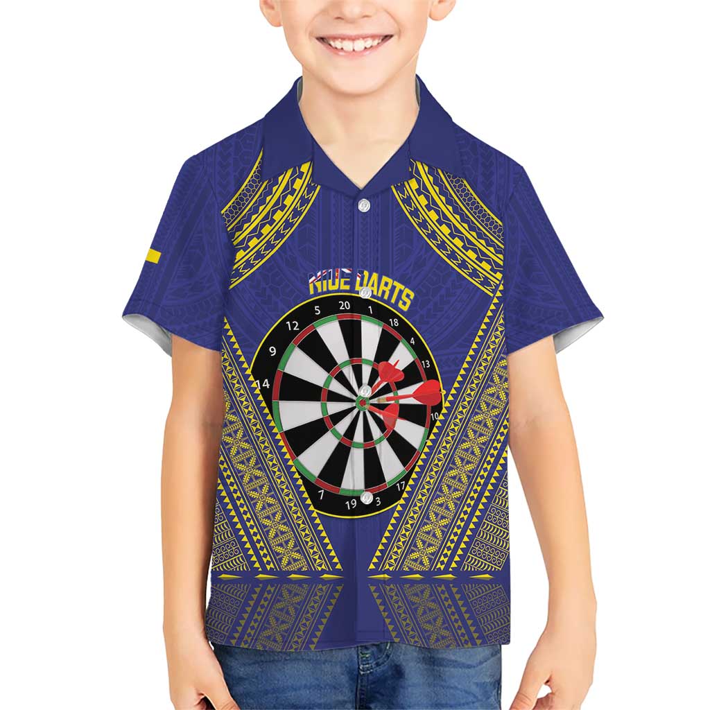 Personalised Niue Darts Kid Hawaiian Shirt Dart Board Hiapo Pattern LT14 Kid Blue - Polynesian Pride