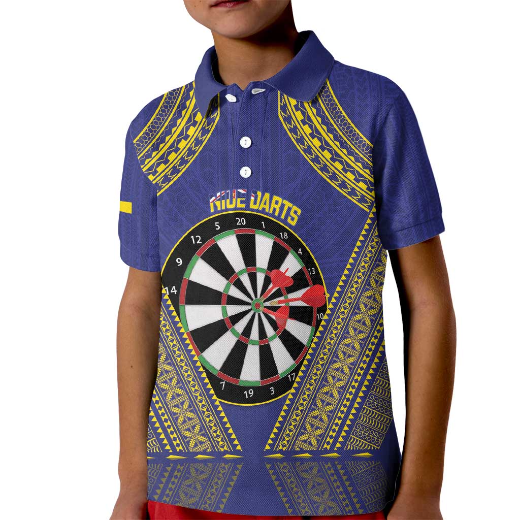 Personalised Niue Darts Kid Polo Shirt Dart Board Hiapo Pattern LT14 Kid Blue - Polynesian Pride