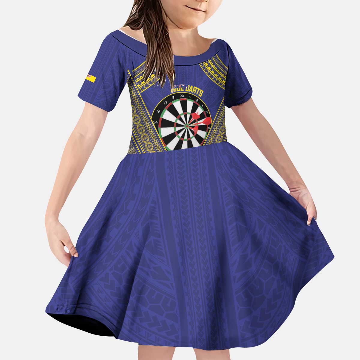 Personalised Niue Darts Kid Short Sleeve Dress Dart Board Hiapo Pattern - Polynesian Pride