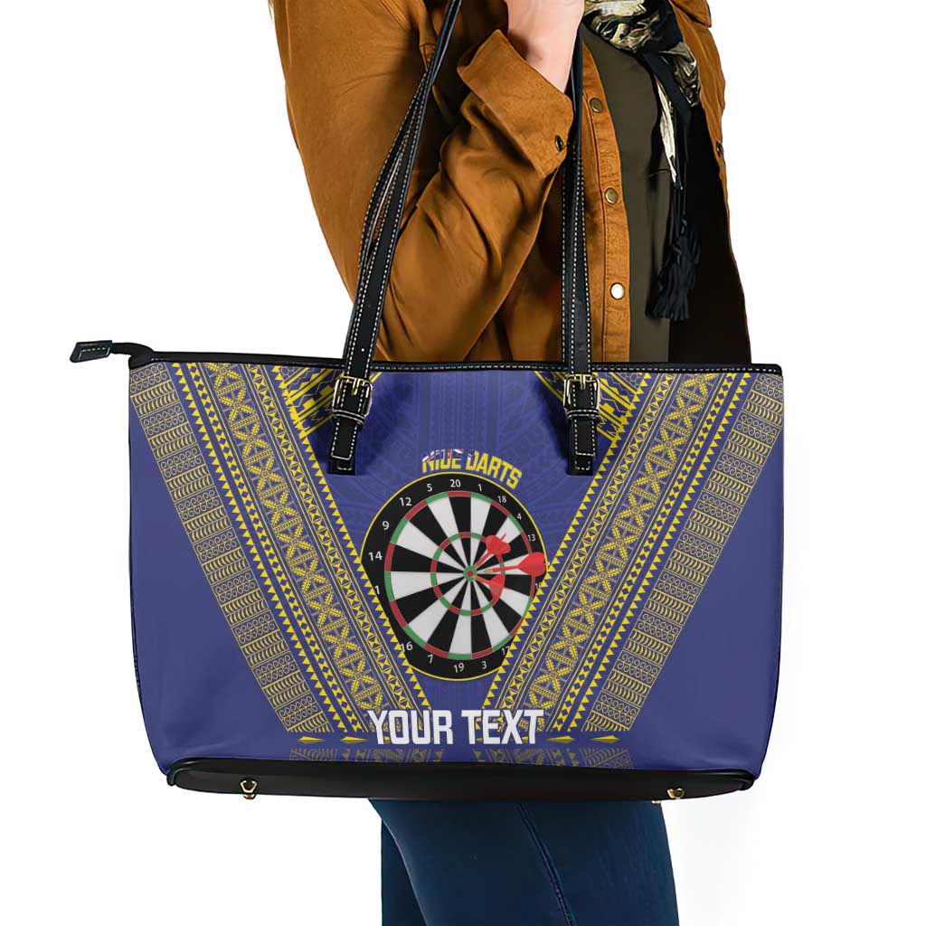 Personalised Niue Darts Leather Tote Bag Dart Board Hiapo Pattern - Polynesian Pride