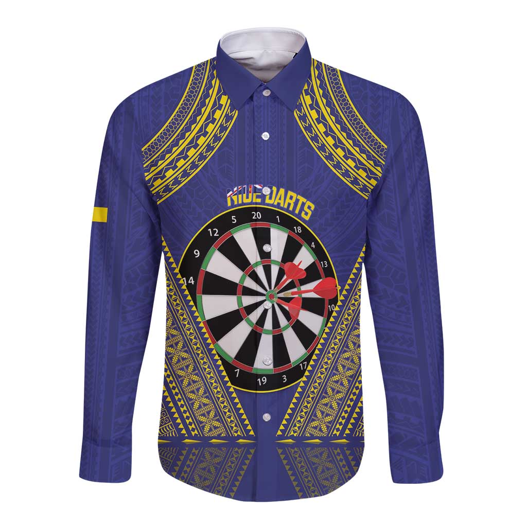 Personalised Niue Darts Long Sleeve Button Shirt Dart Board Hiapo Pattern LT14 Unisex Blue - Polynesian Pride