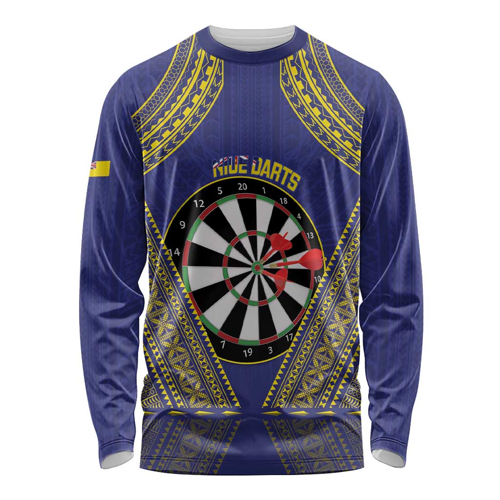 Personalised Niue Darts Long Sleeve Shirt Dart Board Hiapo Pattern LT14 Unisex Blue - Polynesian Pride