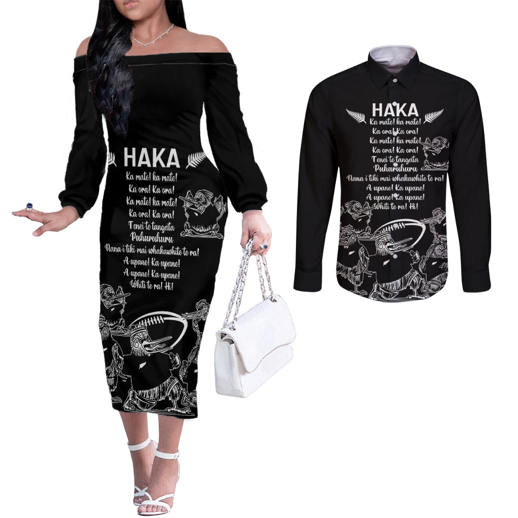 New Zealand Silver Fern Rugby Couples Matching Off The Shoulder Long Sleeve Dress and Long Sleeve Button Shirt Haka Aotearoa Kiwi Dance LT14 Black - Polynesian Pride