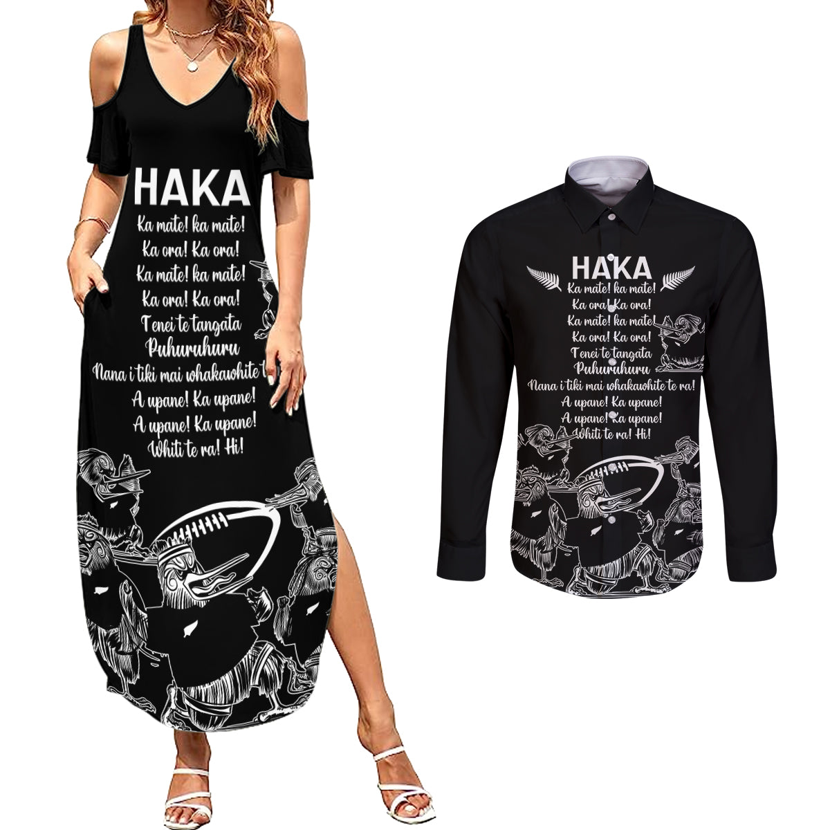 New Zealand Silver Fern Rugby Couples Matching Summer Maxi Dress and Long Sleeve Button Shirt Haka Aotearoa Kiwi Dance LT14 Black - Polynesian Pride