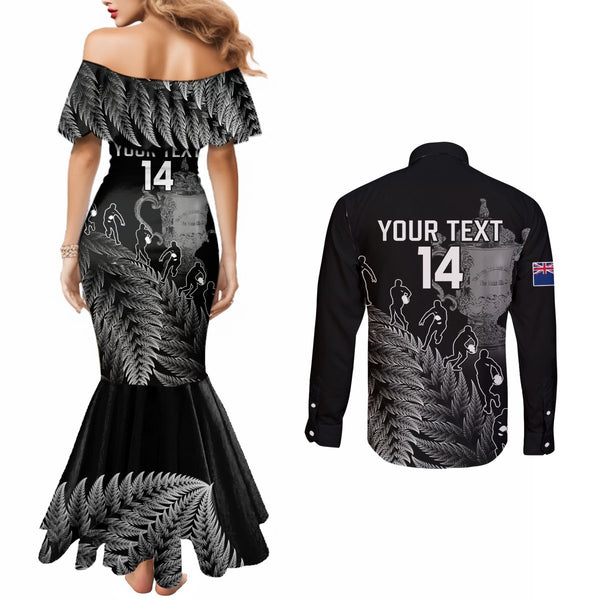 New Zealand Silver Fern Rugby Couples Matching Off Shoulder Short Dress and Long Sleeve Button Shirts Aotearoa Kiwi Maori White Version LT01