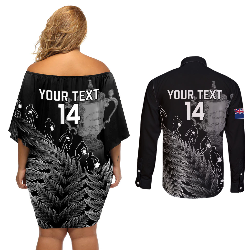 Custom New Zealand Silver Fern Rugby Couples Matching Off Shoulder Short Dress and Long Sleeve Button Shirt All Black Go Champions 2023 With Trophy Proud LT14 - Polynesian Pride