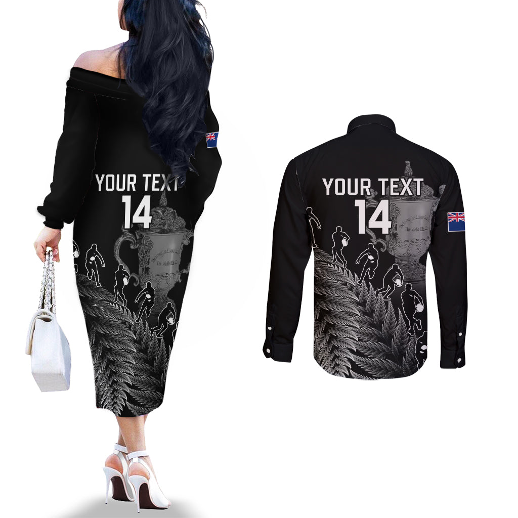 Custom New Zealand Silver Fern Rugby Couples Matching Off The Shoulder Long Sleeve Dress and Long Sleeve Button Shirt All Black Go Champions 2023 With Trophy Proud LT14 - Polynesian Pride