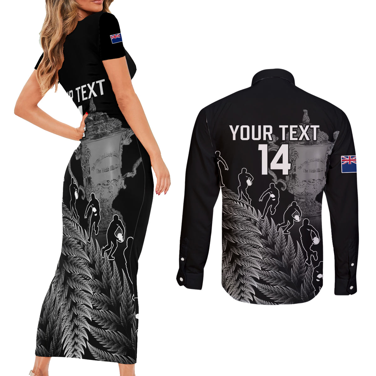 Custom New Zealand Silver Fern Rugby Couples Matching Short Sleeve Bodycon Dress and Long Sleeve Button Shirt All Black Go Champions 2023 With Trophy Proud LT14 - Polynesian Pride