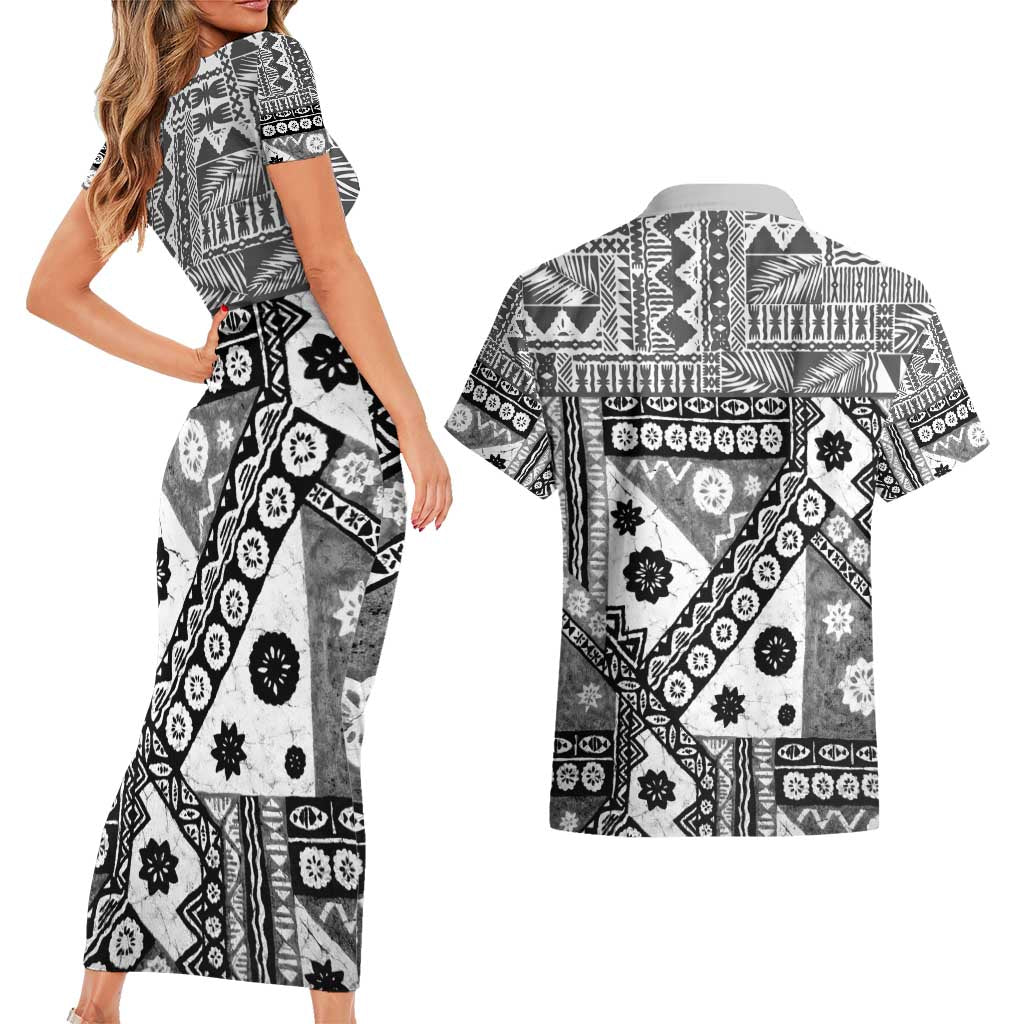 Black Bula Fiji Couples Matching Short Sleeve Bodycon Dress and Hawaiian Shirt Unique Masi Tapa Pattern