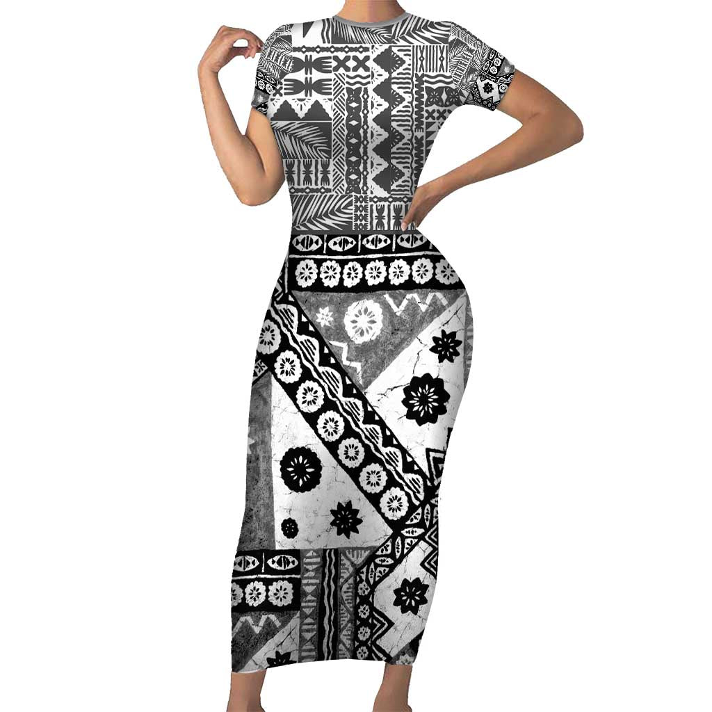 Black Bula Fiji Family Matching Short Sleeve Bodycon Dress and Hawaiian Shirt Unique Masi Tapa Pattern