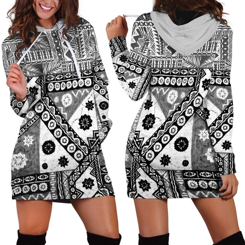 Black Bula Fiji Hoodie Dress Unique Masi Tapa Pattern