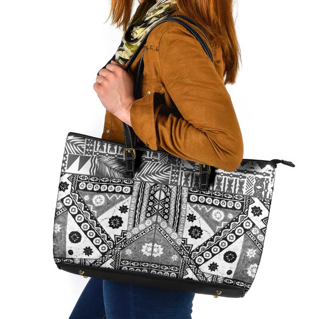 Black Bula Fiji Leather Tote Bag Unique Masi Tapa Pattern LT14 Black - Polynesian Pride