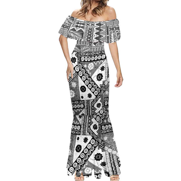 Black Bula Fiji Mermaid Dress Unique Masi Tapa Pattern LT14