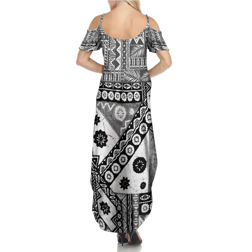 Black Bula Fiji Summer Maxi Dress Unique Masi Tapa Pattern