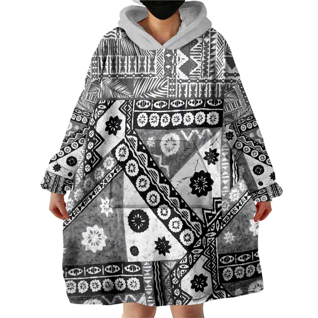 Black Bula Fiji Wearable Blanket Hoodie Unique Masi Tapa Pattern