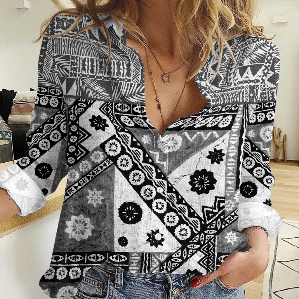Black Bula Fiji Women Casual Shirt Unique Masi Tapa Pattern LT14 Female Black - Polynesian Pride