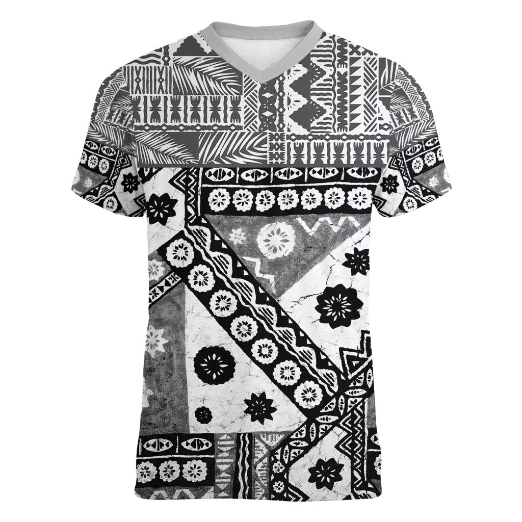 Black Bula Fiji Women V-Neck T-Shirt Unique Masi Tapa Pattern LT14 Female Black - Polynesian Pride