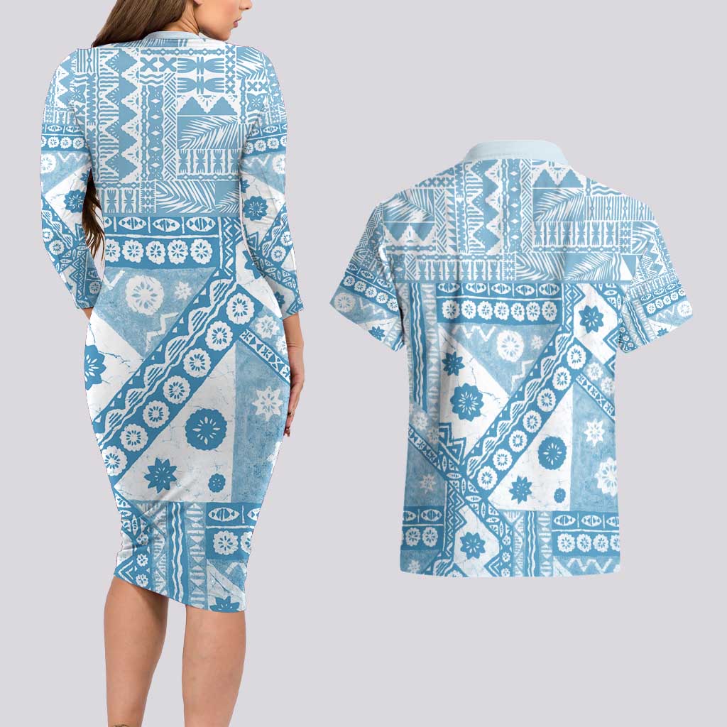 Blue Bula Fiji Couples Matching Long Sleeve Bodycon Dress and Hawaiian Shirt Unique Masi Tapa Pattern