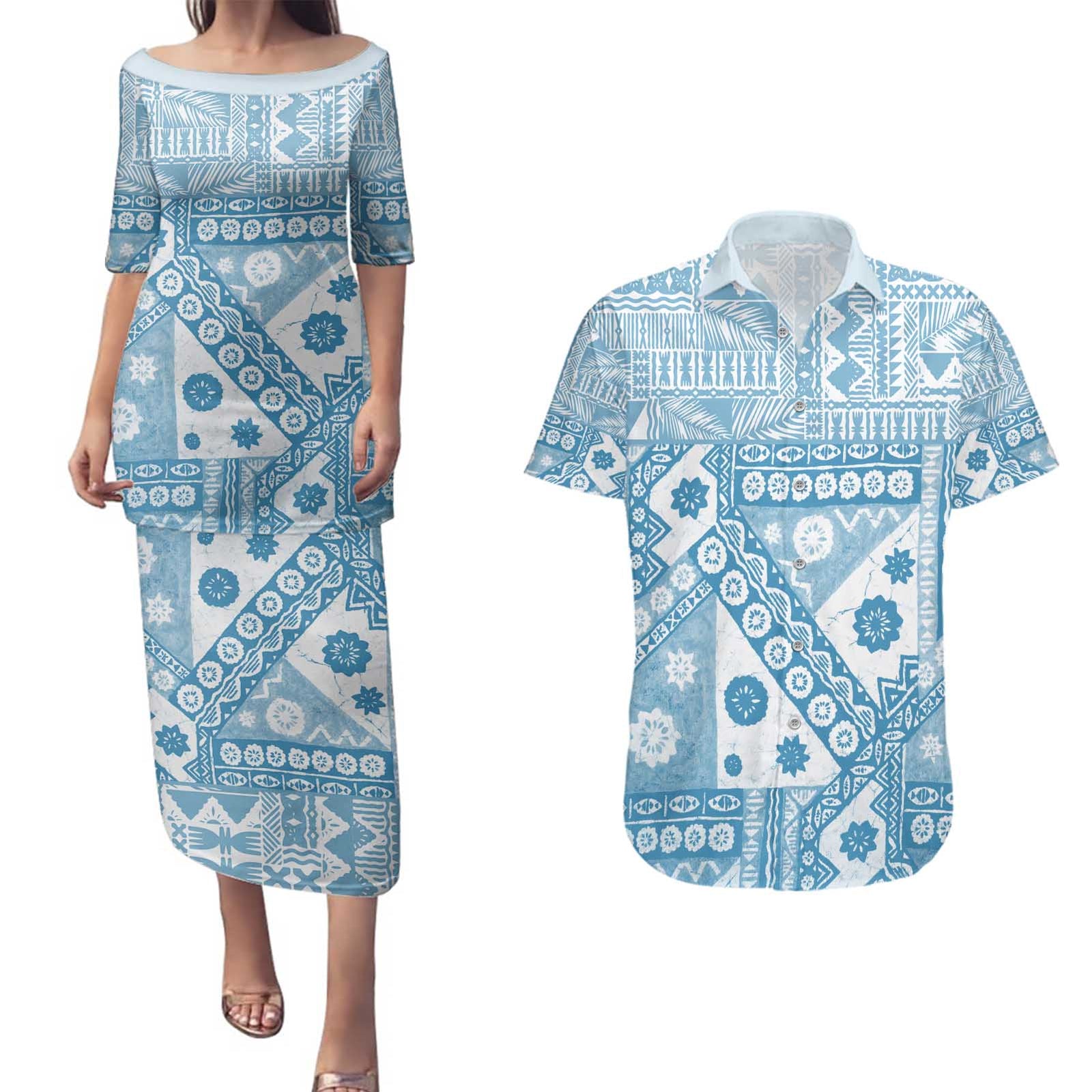 Blue Bula Fiji Couples Matching Puletasi and Hawaiian Shirt Unique Masi Tapa Pattern LT14 Blue - Polynesian Pride