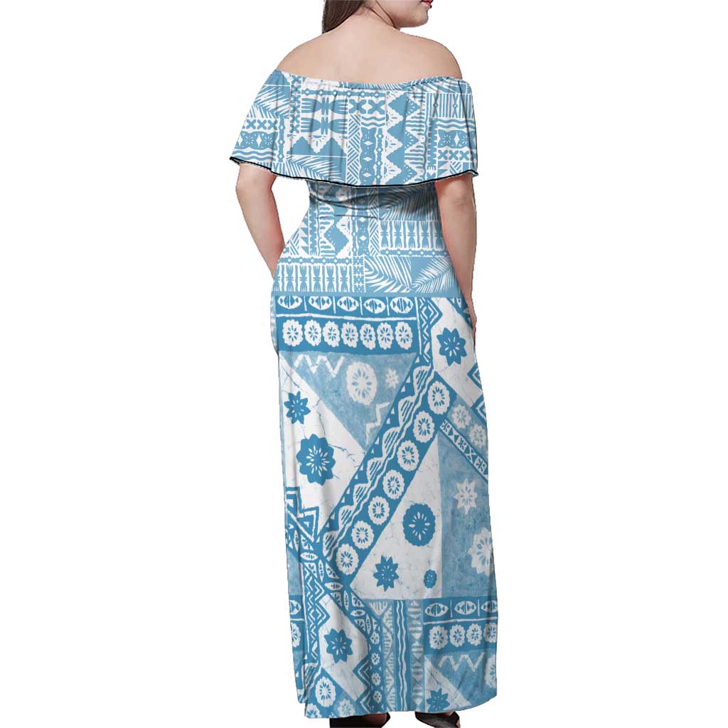 Blue Bula Fiji Family Matching Off Shoulder Maxi Dress and Hawaiian Shirt Unique Masi Tapa Pattern