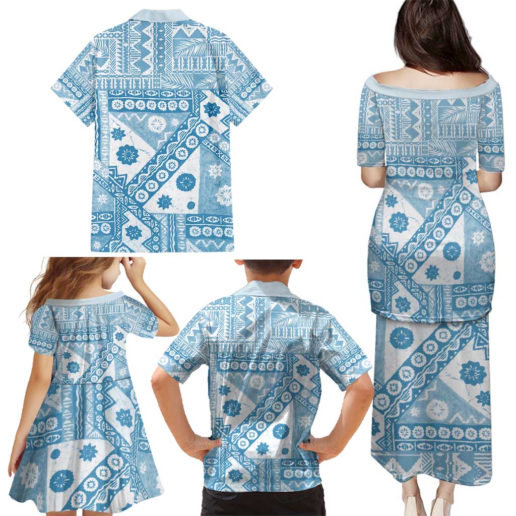 Blue Bula Fiji Family Matching Puletasi and Hawaiian Shirt Unique Masi Tapa Pattern