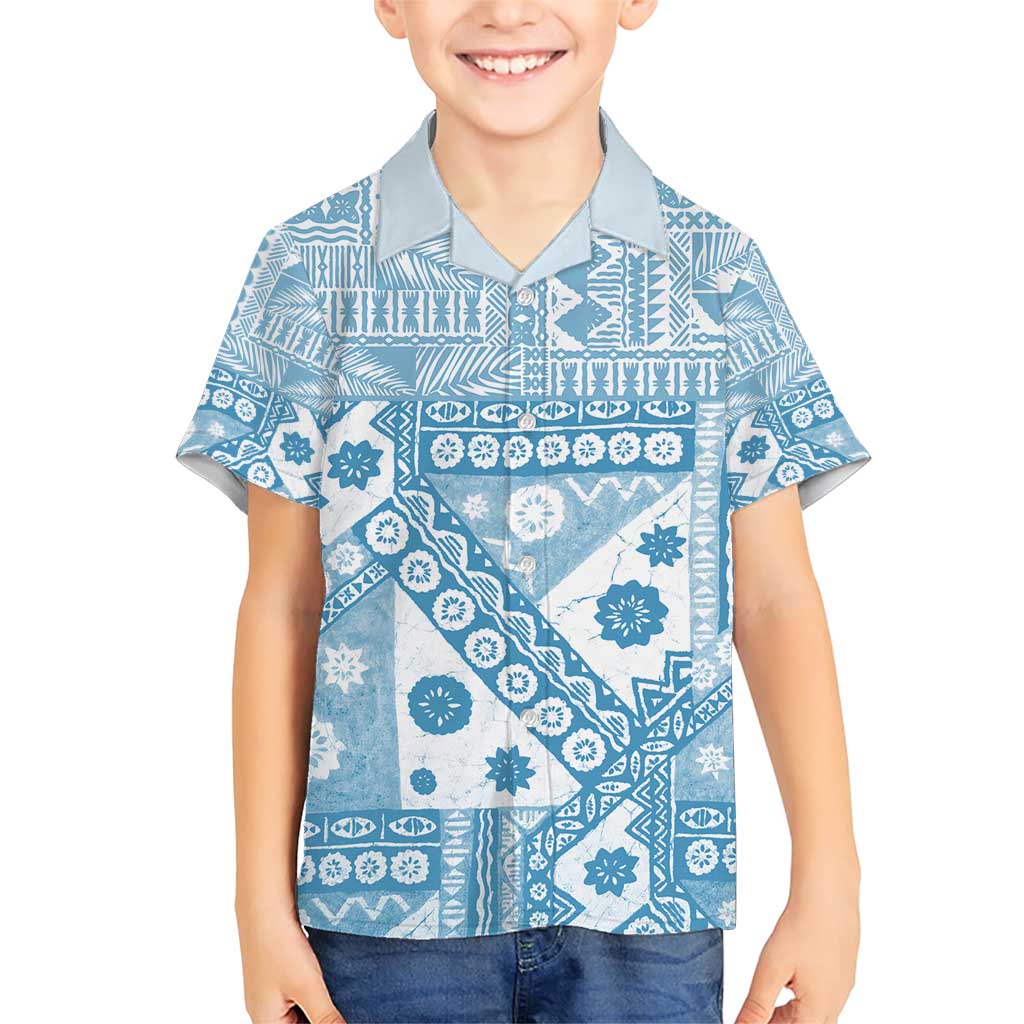 Blue Bula Fiji Family Matching Short Sleeve Bodycon Dress and Hawaiian Shirt Unique Masi Tapa Pattern