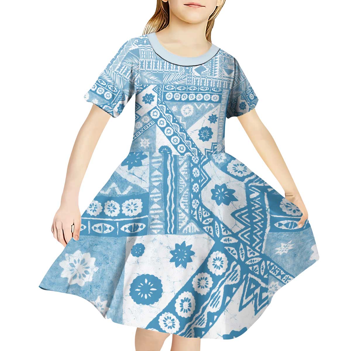 Blue Bula Fiji Kid Short Sleeve Dress Unique Masi Tapa Pattern