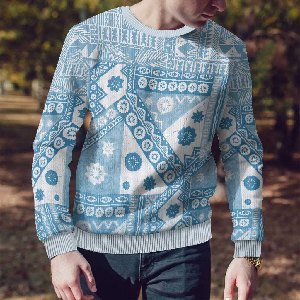 Blue Bula Fiji Ugly Christmas Sweater Unique Masi Tapa Pattern