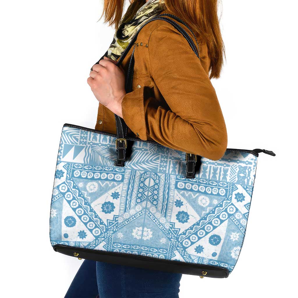 Blue Bula Fiji Leather Tote Bag Unique Masi Tapa Pattern LT14 Blue - Polynesian Pride