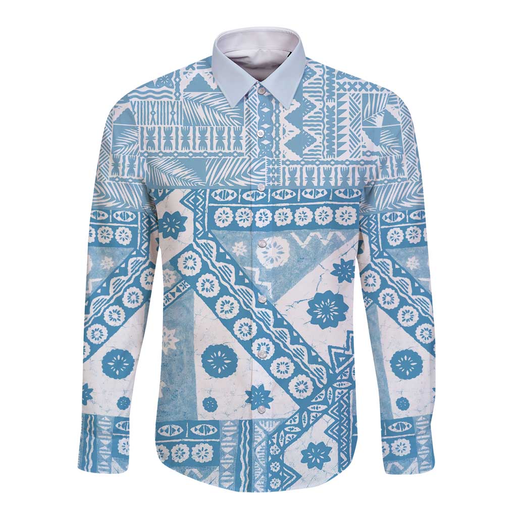 Blue Bula Fiji Long Sleeve Button Shirt Unique Masi Tapa Pattern LT14 Unisex Blue - Polynesian Pride