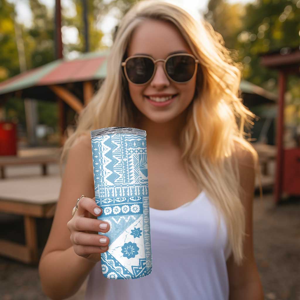 Blue Bula Fiji Skinny Tumbler Unique Masi Tapa Pattern