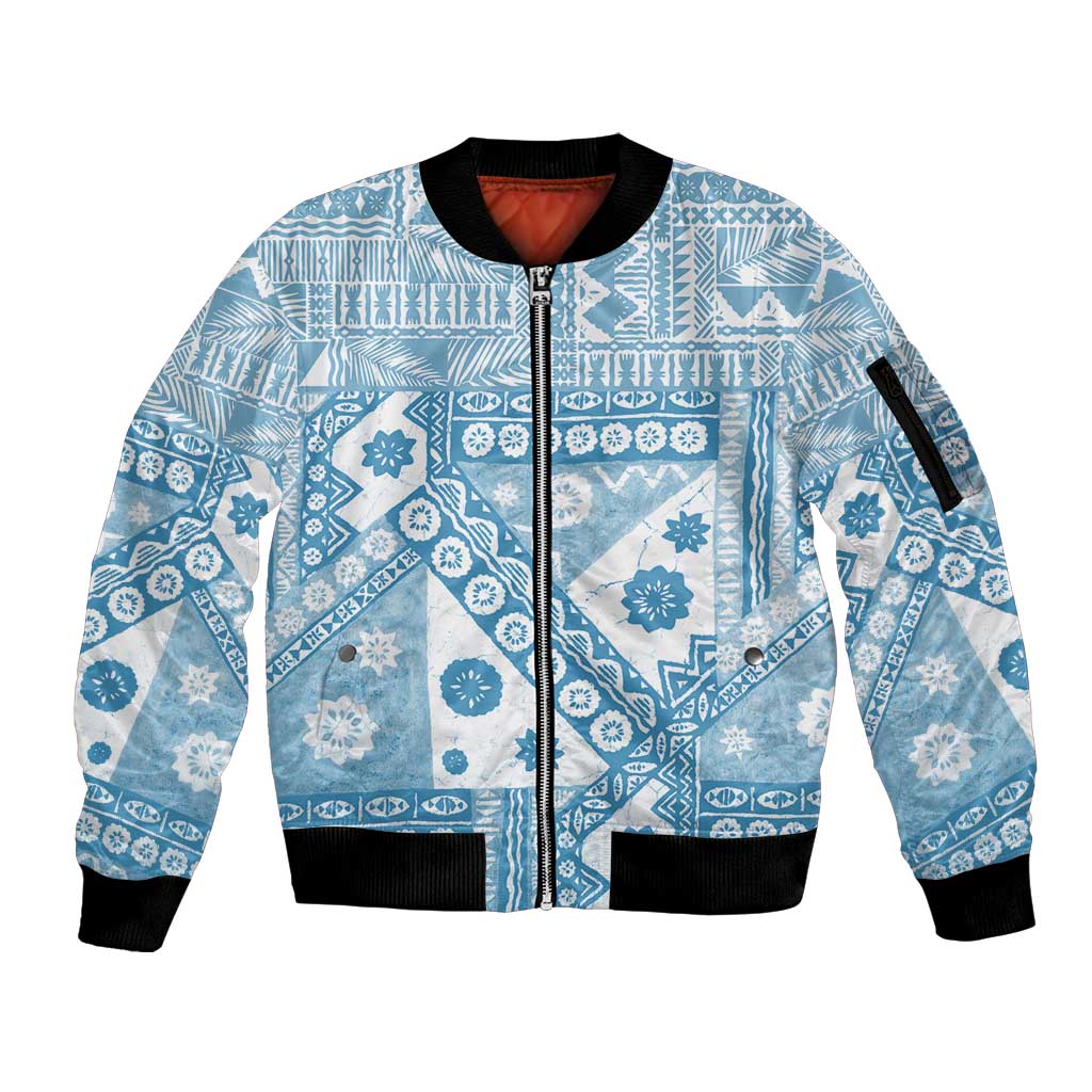 Blue Bula Fiji Sleeve Zip Bomber Jacket Unique Masi Tapa Pattern LT14 Unisex Blue - Polynesian Pride