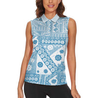 Blue Bula Fiji Women Sleeveless Polo Shirt Unique Masi Tapa Pattern LT14 - Polynesian Pride