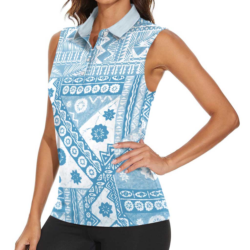 Blue Bula Fiji Women Sleeveless Polo Shirt Unique Masi Tapa Pattern LT14 - Polynesian Pride