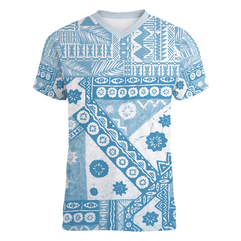 Blue Bula Fiji Women V-Neck T-Shirt Unique Masi Tapa Pattern LT14 Female Blue - Polynesian Pride